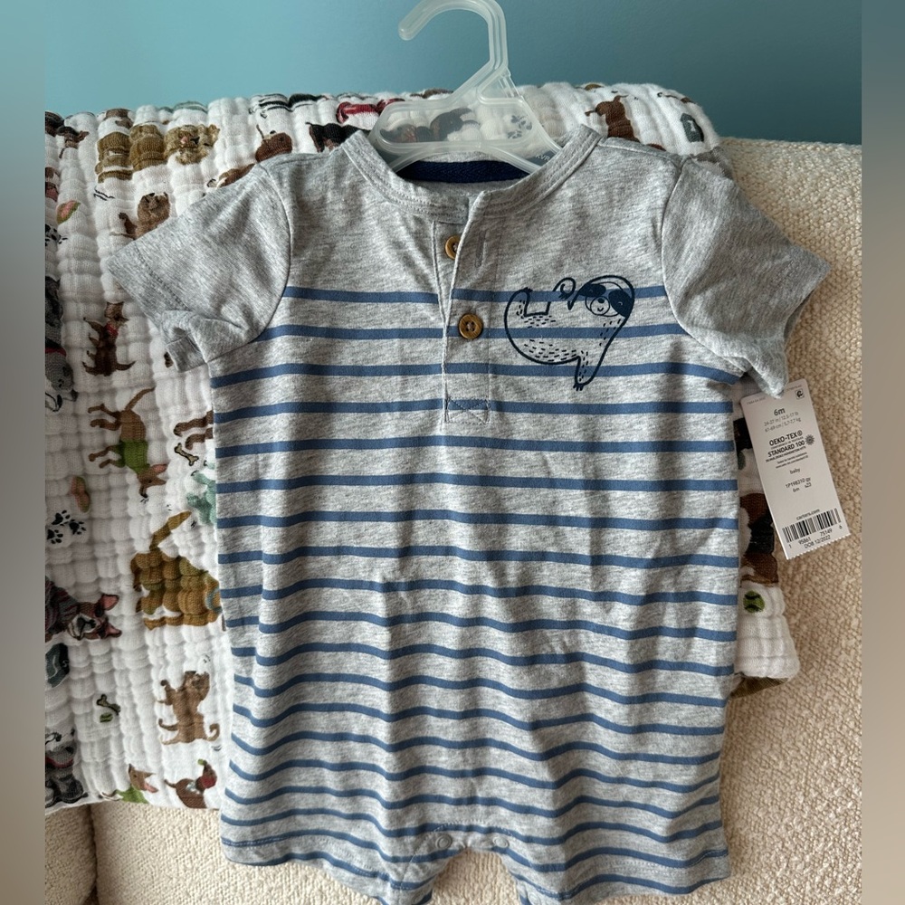 Carter’s Baby Striped Sloth Romper. Size 6 months.